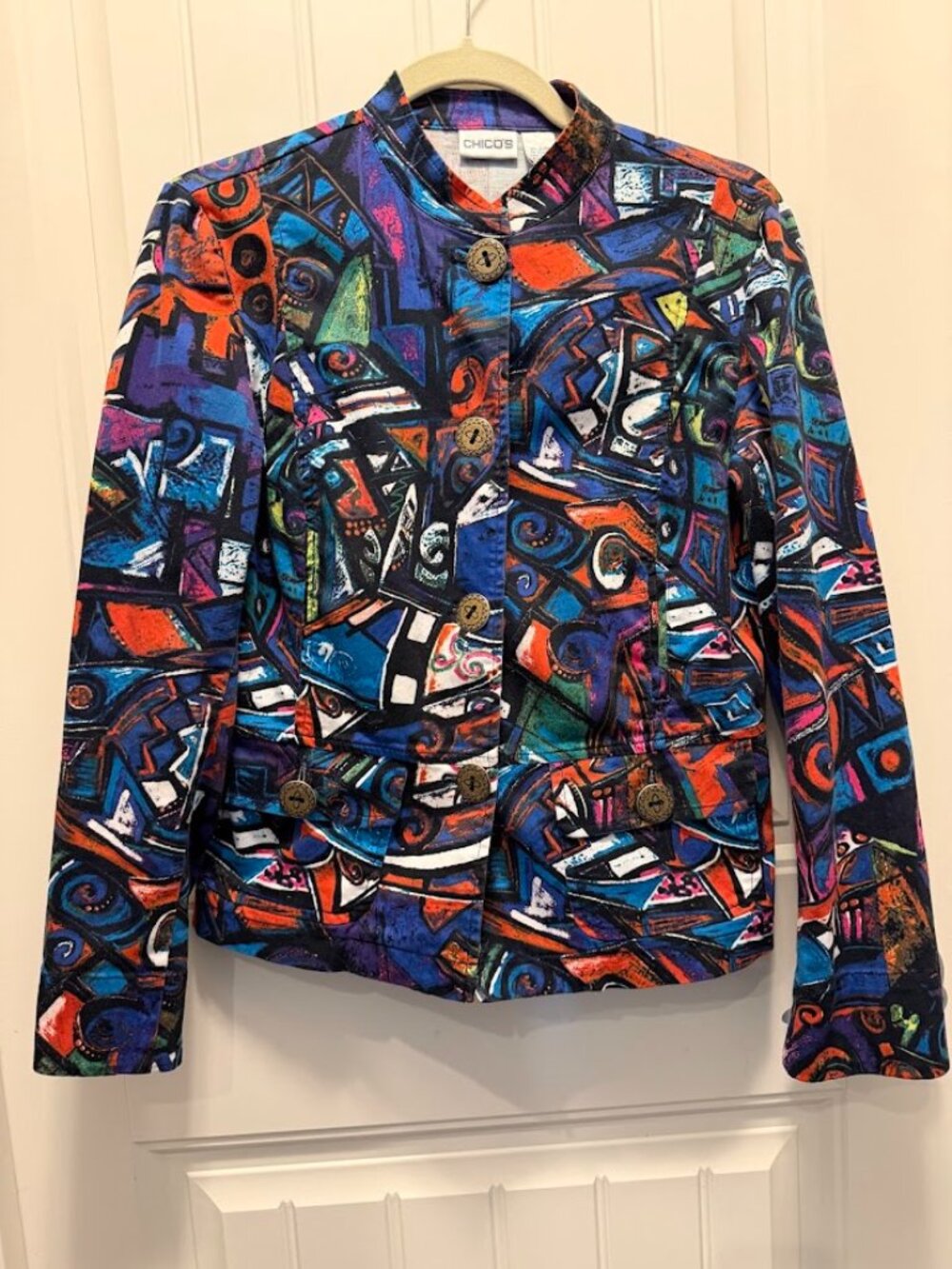 Chico's Abstract Art Geometric Peplum Back Button Up Jacket Blazer Multi-Color-0